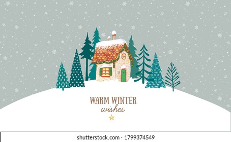 Christmas Greeting Card With Cute Little House And Trees On Snow Hill