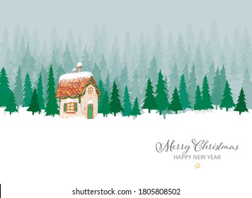 Christmas greeting card with cute little house and trees on snow background.