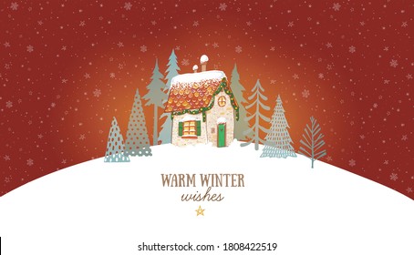 Christmas greeting card with cute little house and trees on snow background.