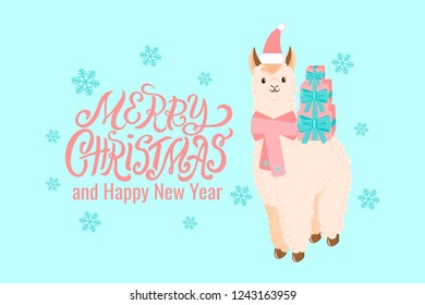 Christmas greeting card with cute llama or alpaca holding gift boxes, hand drawn lettering "Merry Christmas" for New Year, Christmas, Chinese holiday design - poster, banner, logo, icon, post card