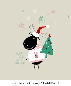 Christmas greeting card with cute moose holding tree and phrase: have a holly jolly Christmas.