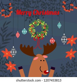 Christmas greeting card. Cute moose on flower,  leaves and Christmas decoration. 