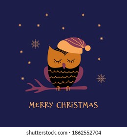 Christmas greeting card with cute owl on a branch. Vector illustration.