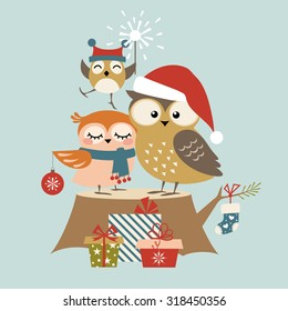 Christmas greeting card with cute owl family