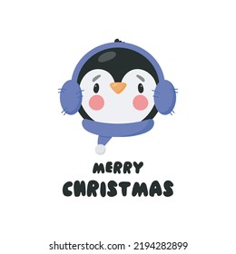 Christmas greeting card with cute penguin. Vector illustration in cartoon style. White background.