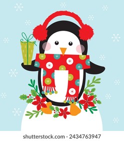 christmas greeting card with cute penguin design