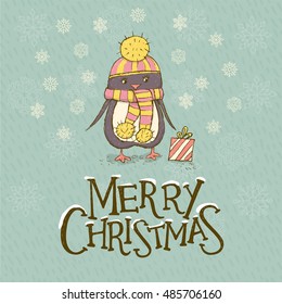 Christmas greeting card with a cute penguin. Vector illustration