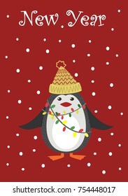Christmas greeting card with a cute penguin vector.