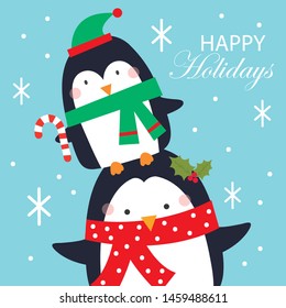 christmas greeting card with cute penguins