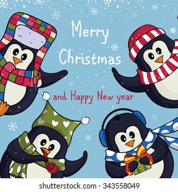 Christmas greeting card with cute penguins. Vector illustration