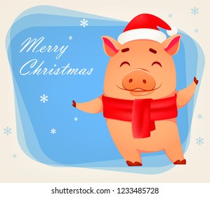Christmas greeting card. Cute pig wearing Santa Claus hat and scarf. Funny cartoon character. Vector illustration on blue background with snowflakes.