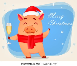 Christmas greeting card. Cute pig wearing Santa Claus hat and scarf holds a glass of champagne. Funny cartoon character. Vector illustration on blue background with snowflakes