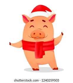 Christmas greeting card. Cute pig wearing Santa Claus hat and scarf. Funny cartoon character. Vector illustration on white background