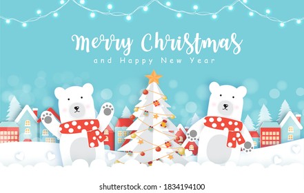 Christmas greeting card with cute polar bear in paper cut style.