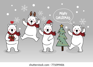 Christmas greeting card with cute polar bear who wearing red scarf vector