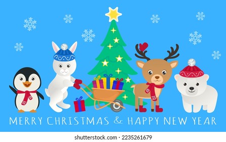 Christmas greeting card with cute rabbit, deer, polar bear and penguin. Collection of funny animals. Children's cartoon characters congratulate on the holiday. Vector flat illustration.