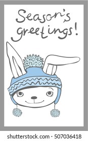  Christmas greeting card with cute rabbit and hand drawn text