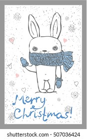  Christmas greeting card with cute rabbit and hand drawn text