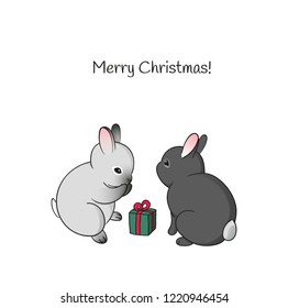 Christmas greeting card with cute rabbits and gift box on white background. - Vector illustration