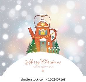 Christmas greeting card with cute red house in shape of teapot on white glowing background.