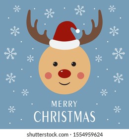 Christmas greeting card with cute reindeer in Santas hat. Cute woodland forest animal, blue background. Vector