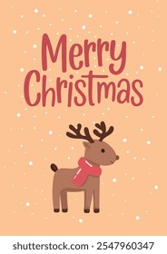 Christmas greeting card, Cute reindeer with scarf celebrates holiday season in cheerful design featuring Merry Christmas text