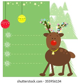 Christmas greeting card with cute reindeer and place for your text.