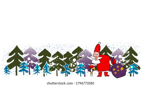 Christmas greeting card with cute Santa Claus and Christmas trees.  Vector illustration.