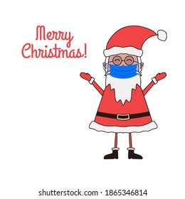 Christmas greeting card with cute Santa Claus in medical mask and copyspace.