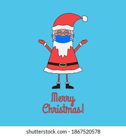 Christmas greeting card with cute Santa Claus in medical mask on blue background.