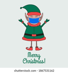 Christmas greeting card with cute Santa Claus in medical mask on grey background.