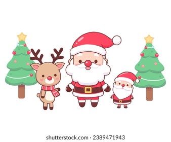 Christmas greeting card with cute Santa Claus, reindeer, and decorations. Holiday cartoon character vector.