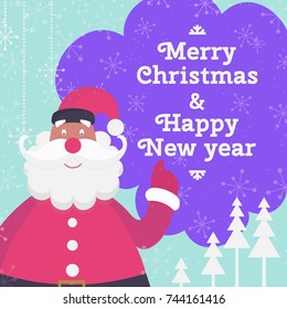 Christmas greeting card with cute santa claus, xmas tree and bubble with sign Merry Christmas happy new year on holiday background. Vector cartoon illustration. Vector Illustration