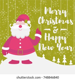 Christmas greeting card with cute santa claus, xmas trees and sign Merry Christmas happy new year on green holiday background. Cartoon illustration. Vector Illustration