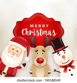 Christmas greeting card with cute santa, snowman, and reindeer characters