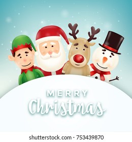 Christmas greeting card with cute santa, snowman, elf, and reindeer characters