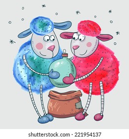Christmas greeting card, cute sheep with Christmas ball