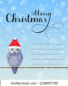 Christmas Greeting card with cute silver grey owl wear red hat on blue background with snowflakes. Lettering calligraphic hand written text Merry Christmas.