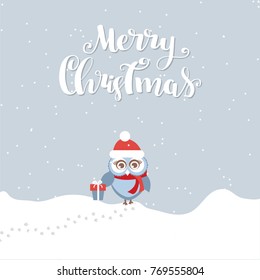 Christmas Greeting card with cute small owl on blue and snow background holding present box with bow/ Lettering text Merry Christmas