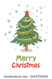 Christmas greeting card with cute snake and hand drawn lettering