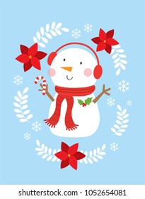 christmas greeting card with cute snowman and poinsettia