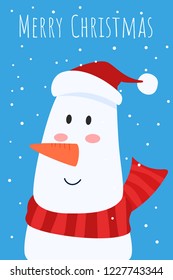 Christmas greeting card and cute Snowman with red scarf and santa’s cap character. Merry Christmas and Happy New Year. Cartoon Vector Illustration.
