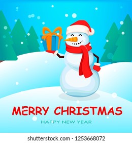 Christmas greeting card with cute snowman. Funny cartoon character holding gift box. Usable for banner, poster, flyer, invitation. Vector illustration with winter forest on background