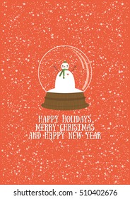 Christmas greeting card with cute snowman in snow globe. Vector illustration.