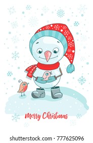 Christmas Greeting Card with cute snowman, birds and snowflakes on white background. New year illustration. Vertical format