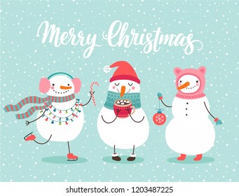 Christmas greeting card with cute snowmen. Funny characters with garland and christmas balls.