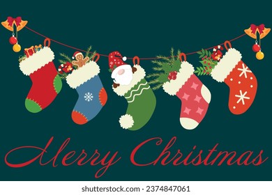 Christmas greeting card with cute socks. Christmas Graphics Festive. Winter Holiday background. 
