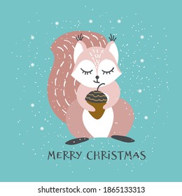 Christmas greeting card with cute sqirrel. Vector illustration.