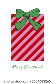 Christmas greeting card with cute striped present box and green hand drawn bow. Vector holiday illustration of gift