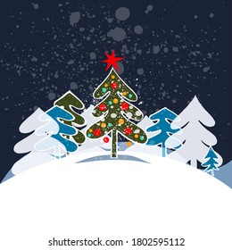 Christmas greeting card with cute Christmas tree on a blue dark textured background. Copy space. Vector illustration.